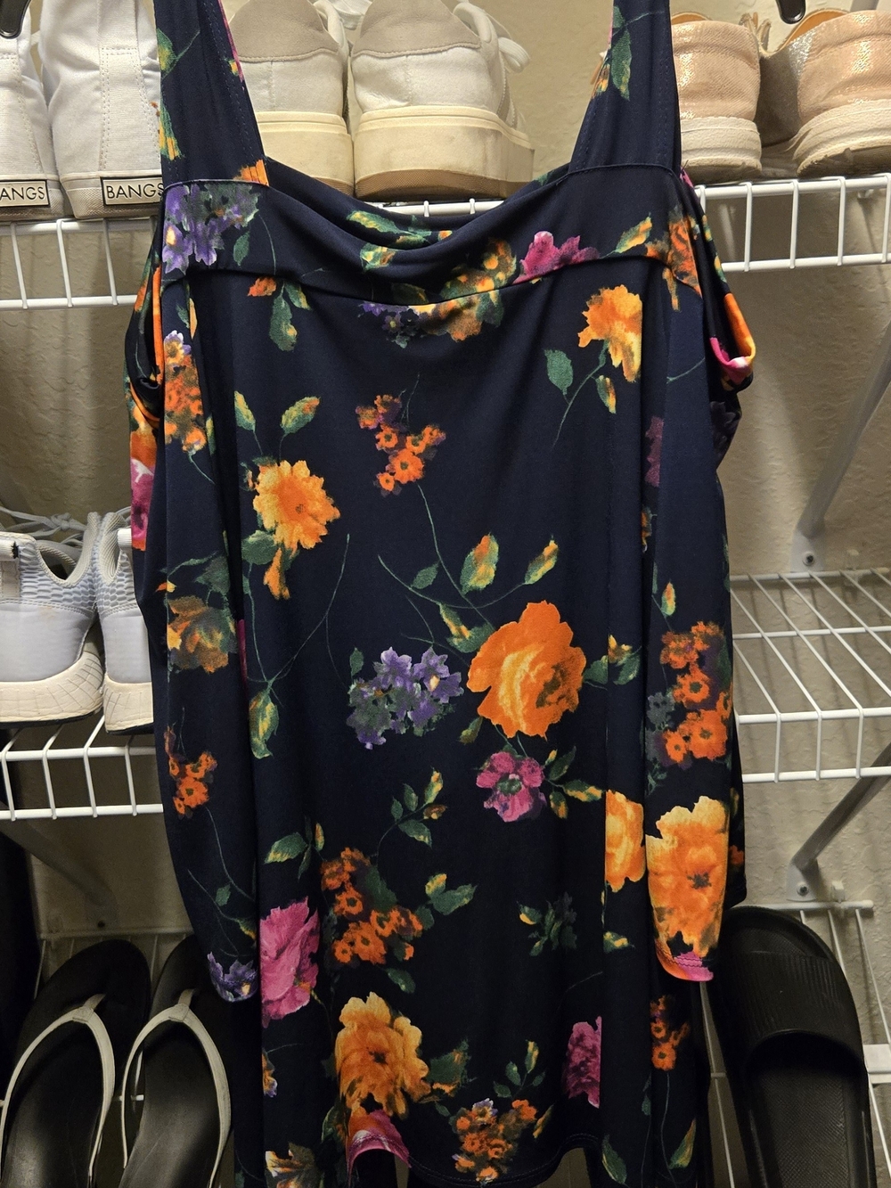 Navy Floral A-Line Women's Blouse- Orange & Pink Floral